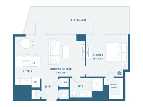 Floor plan for 1 bed, 1 bath, 719 sqft